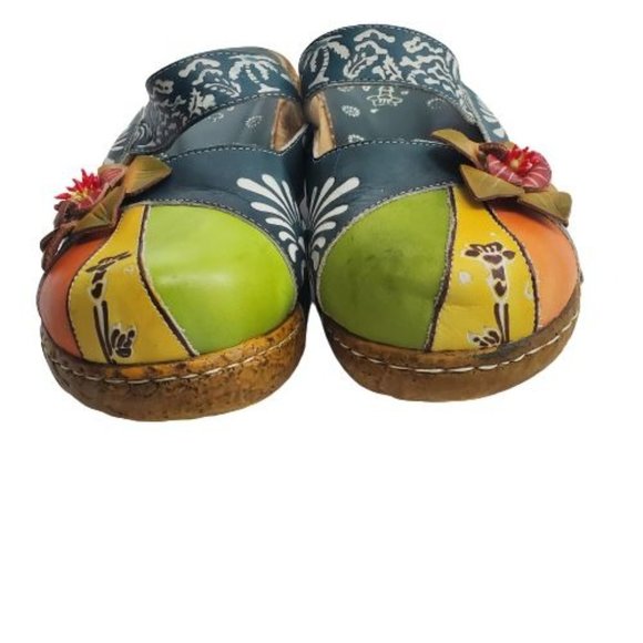 Women's Blue/Multi Flower Slip-On Leather Cut-Out Backless Platform Sandal Sz 41 - Picture 9 of 16